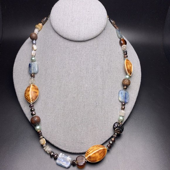 Beaded Necklace Gemstone Shell Glass Wooden Pearl Boho Copper Leaf Toggle - Picture 2 of 10